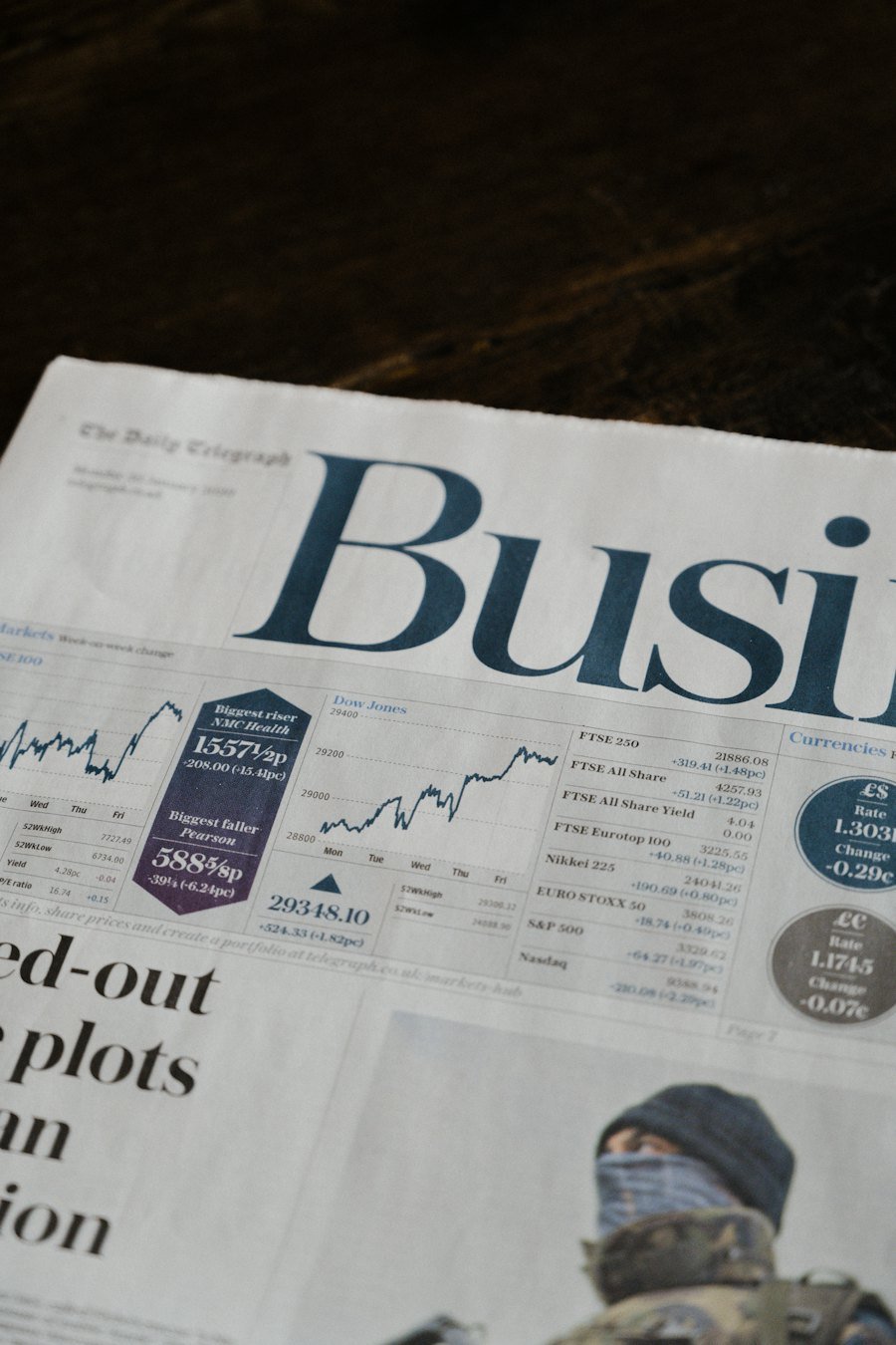 Business newspaper with market tables